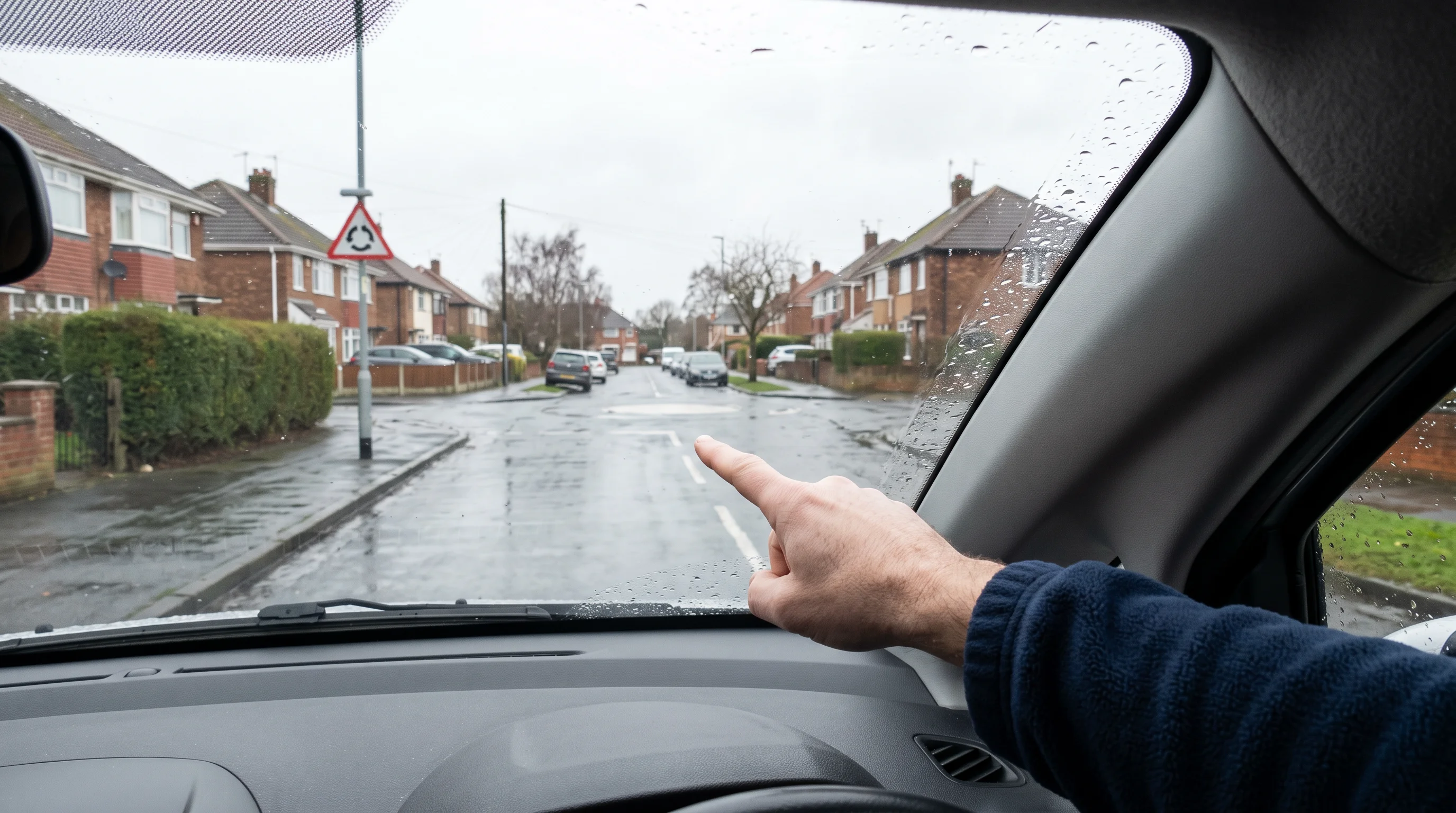 View through a tuition car windscreen as an instructor points calmly toward a quiet roundabout approach on a wet Darlington street