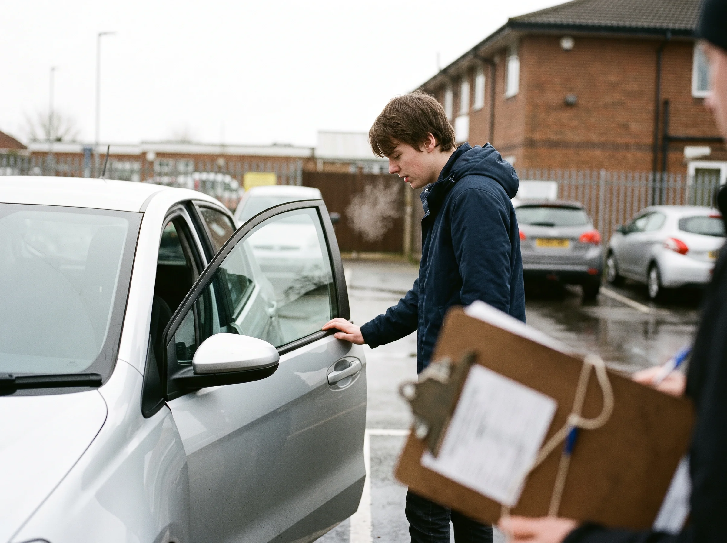 A person stands beside an open car door with a clipboard in the foreground.