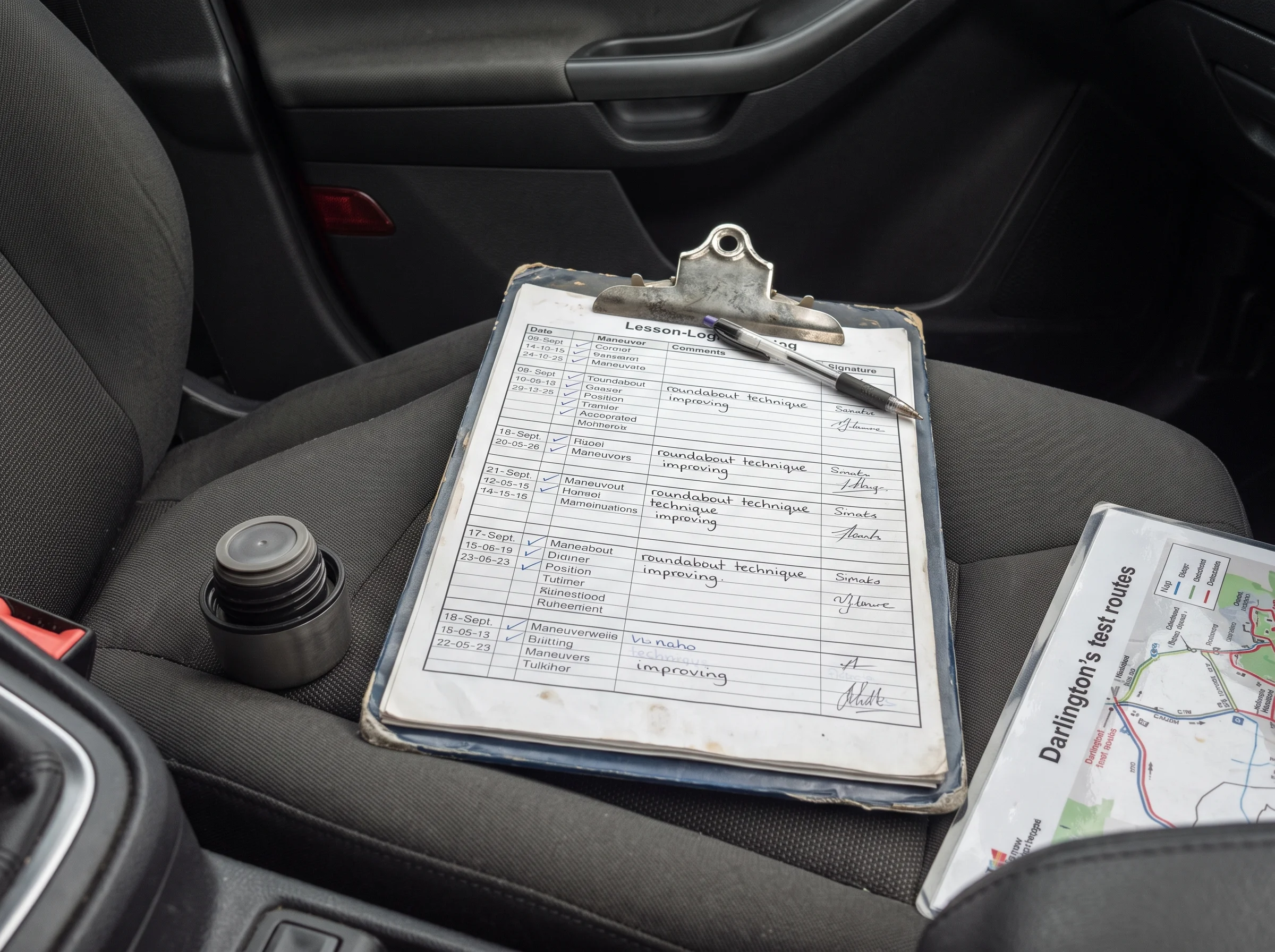 A lesson log sheet on a clipboard lying on the passenger seat of a car, with handwritten notes in the margin and a flask cap beside it