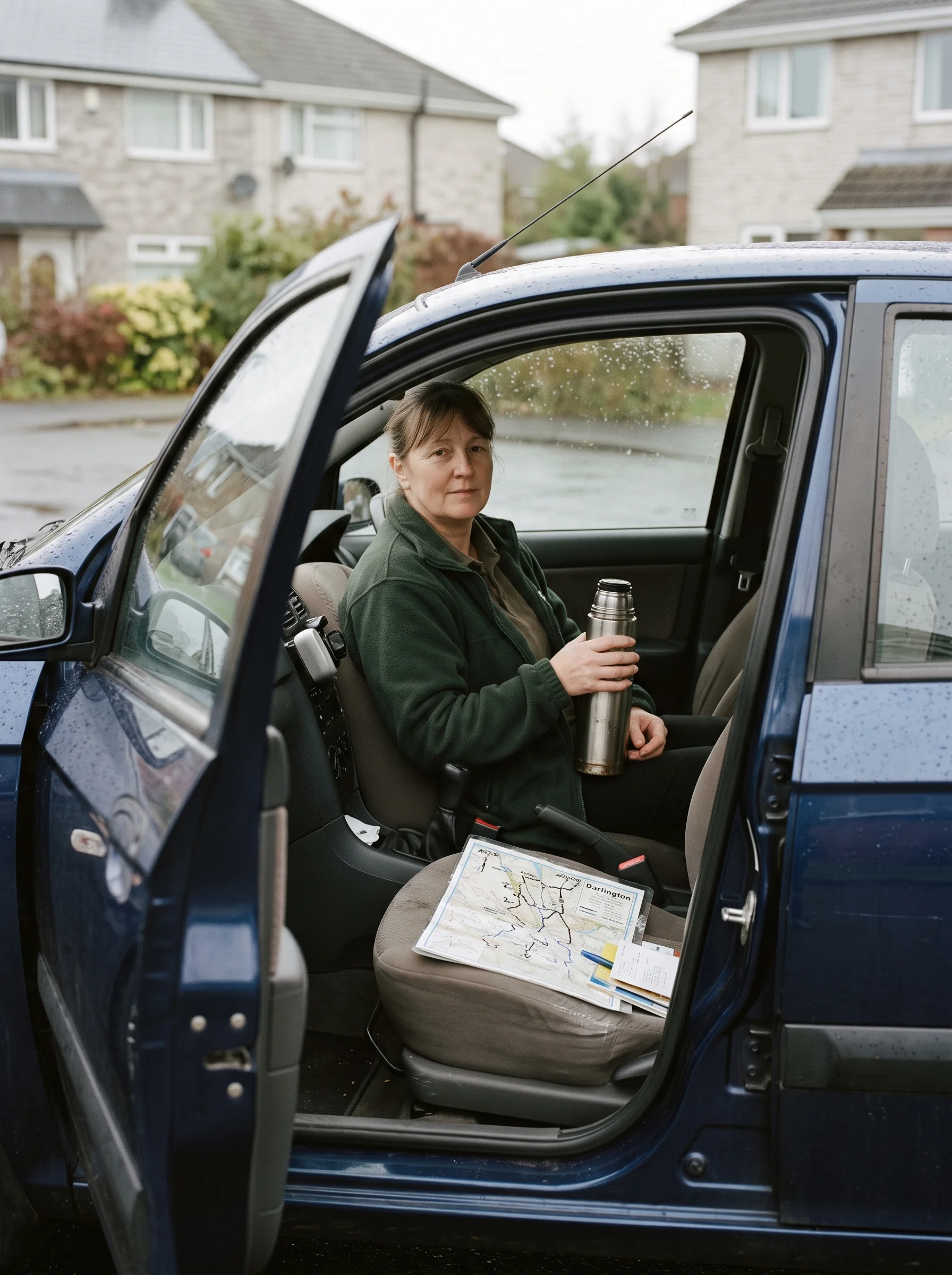 A woman holding a flask sits in the driver seat of a blue car with the door open, while a laminated map rests on the passenger seat.